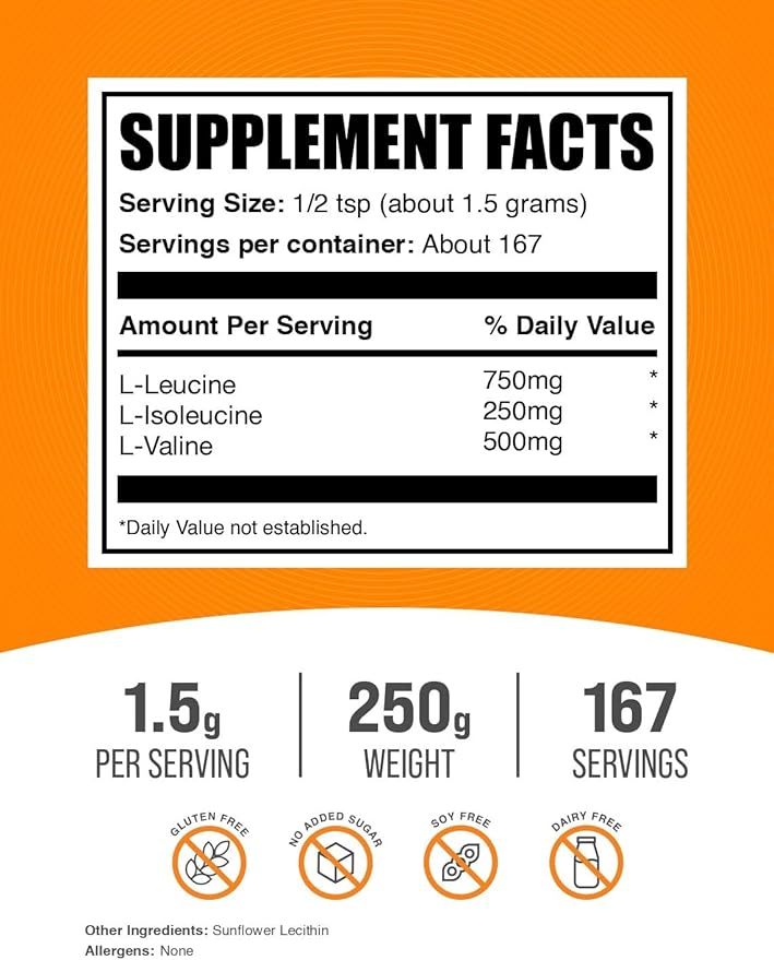 BulkSupplements.com BCAA 3:1:2 Powder - Branched Chain Amino Acids, BCAA Supplements, BCAA Powder - BCAAs Amino Acids Powder, Unflavored, 1500mg per Serving - 167 Servings, 250g (8.8 oz)