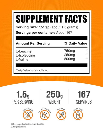 BulkSupplements.com BCAA 3:1:2 Powder - Branched Chain Amino Acids, BCAA Supplements, BCAA Powder - BCAAs Amino Acids Powder, Unflavored, 1500mg per Serving - 167 Servings, 250g (8.8 oz)
