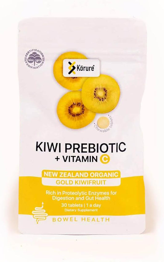 Kiwi Prebiotic + Vitamin C Chews 100% New Zealand Golden Kiwi for Gut Health, Digestion Support & Regular Bowel Movements (30 Tablets)