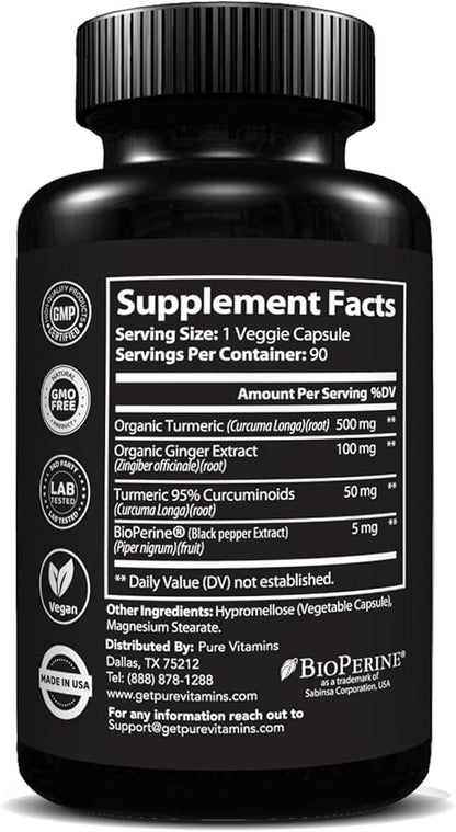 Turmeric and Ginger Supplements - 90 Vegetarian Capsules | Digestive Health & Joint Support Supplement | Organic Turmeric Curcumin Supplement with Black Pepper Extract