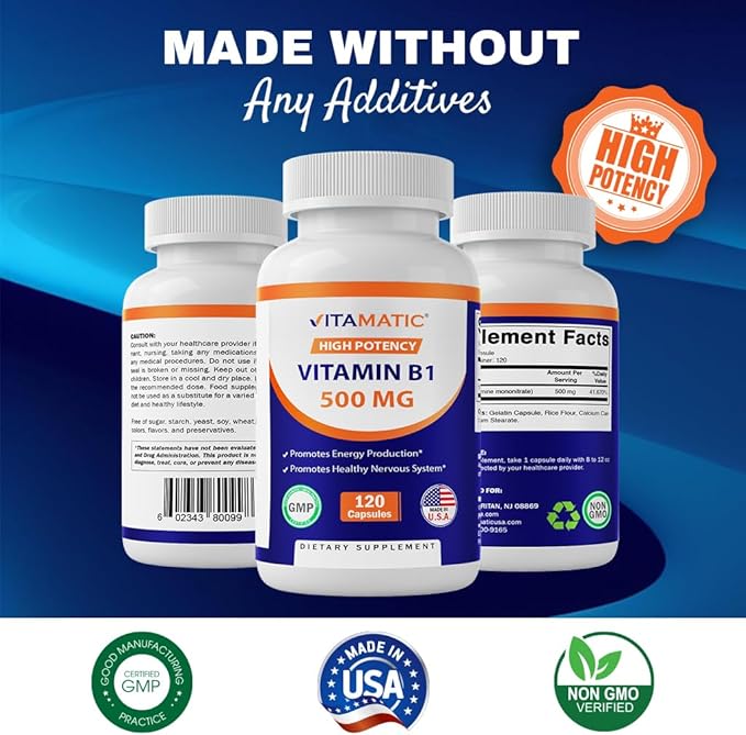 Vitamatic Vitamin B1 (Thiamine) 500mg, 120 Capsules