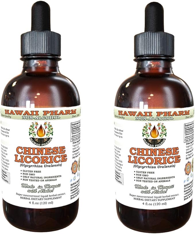 Chinese Licorice Alcohol-Free Liquid Extract, Chinese Licorice (Glycyrrhiza Uralensis) Root Glycerite Hawaii Pharm Natural Herbal Supplement 2x4 oz