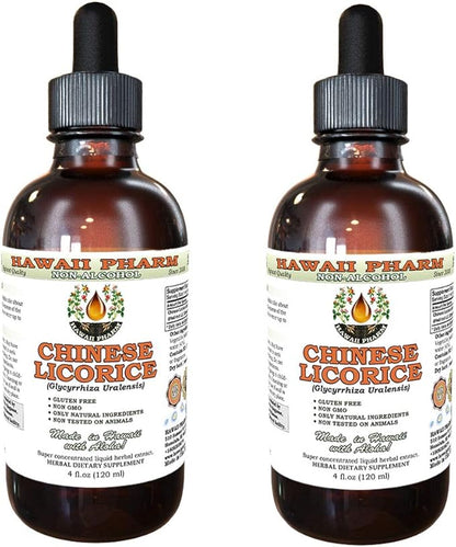 Chinese Licorice Alcohol-Free Liquid Extract, Chinese Licorice (Glycyrrhiza Uralensis) Root Glycerite Hawaii Pharm Natural Herbal Supplement 2x4 oz