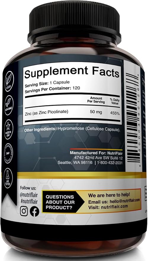 NutriFlair Zinc Picolinate 50mg, 120 Capsules - Maximum Absorption Zinc Supplement Pills - Immune System Booster, Immunity Defense, Powerful Non-GMO Antioxidant - Compare to gluconate, Citrate, Oxide