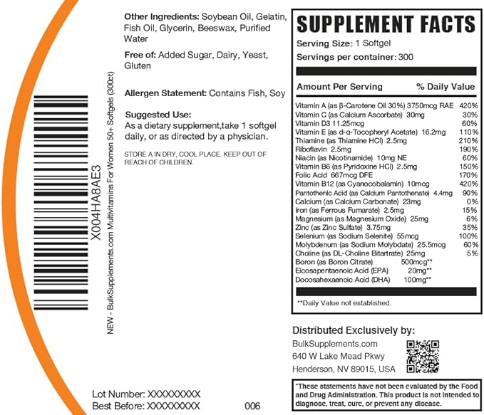 BulkSupplements.com Multivitamin for Women 50 Plus Softgels - Women's Daily Vitamins, Multimineral Supplement - Complete Multivitamin with Fish Oil - 1 Softgel per Serving, 300 Count (Pack of 1)