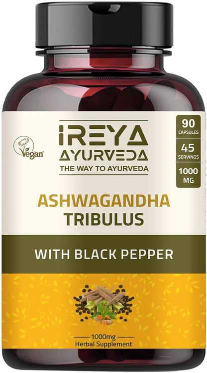 Ashwagandha Capsules Organic 1000mg (90 Capsules) Made with Tribulus Terrestris, Shatavari and Black Pepper Organic Ingredients | 45 Days Supply