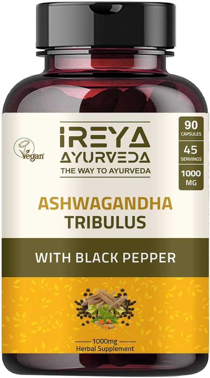 Ashwagandha Capsules Organic 1000mg (90 Capsules) Made with Tribulus Terrestris, Shatavari and Black Pepper Organic Ingredients | 45 Days Supply
