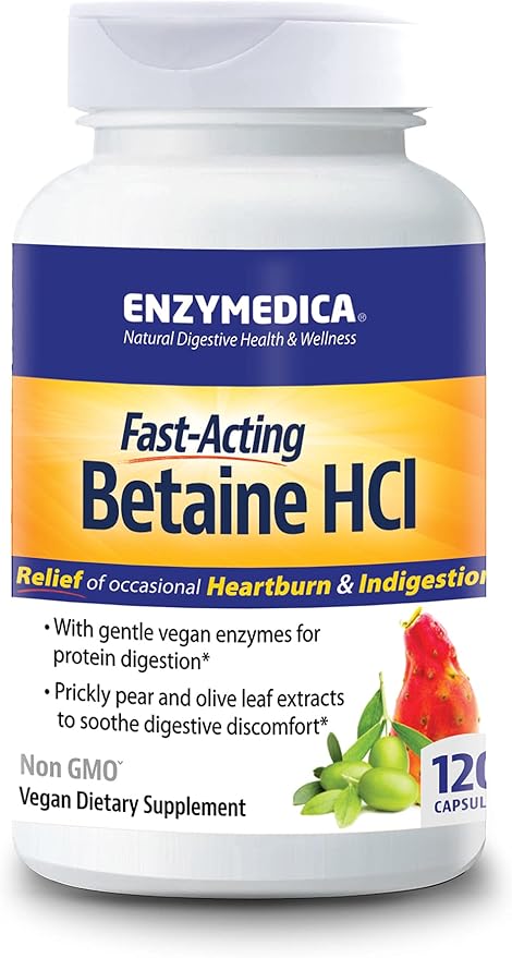Enzymedica, Betaine HCl, Occasional Heartburn and Indigestion Support, 120 Capsules