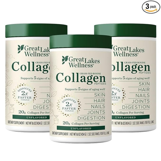 Great Lakes Wellness Collagen Peptides Powder for Skin, Hair, Nails, Joints & Digestion - Unflavored - Quick Dissolve Hydrolyzed, Non-GMO, Keto, Kosher - 16 oz - 3 Pack