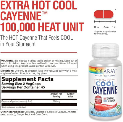 SOLARAY Extra Hot Cool Cayenne 100,000 HU - Traditional Folk Remedy and Digestion Aid - Bio-Cool Process - Lab Verified, GMP Facility, 60-Day Guarantee - 45 Servings, 90 VegCaps