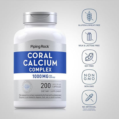 Piping Rock Coral Calcium 1000 mg | 200 Capsules | Bone Formula Complex with Vitamin D, C, and Magnesium | Non-GMO, Gluten Free Supplement