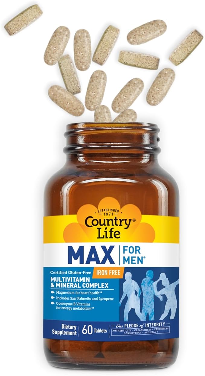 Country Life Max for Men, Multivitamin & Mineral Complex, Iron-Free, Vegetarian Tablets, 60 Count, Certified Gluten Free, Certified Vegetarian