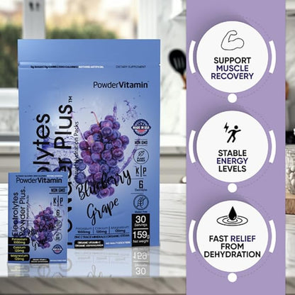 Electrolytes Powder Plus, Keto, Blueberry Grape, Zero Sugar, 1000mg Potassium, 120mg Calcium, 120mg Magnesium, Non-GMO, Zero Calories, 30 Hydration Packets