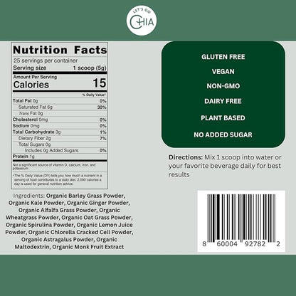 Let's Go Chia Ginger & Greens Alkalizing Blend, Organic Superfood Powder with Ginger, Spirulina, Chlorella and Super Greens, Gut Health, Ginger Powder, 25 Servings