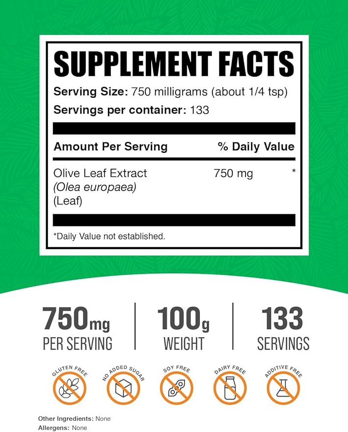 BulkSupplements.com Olive Leaf Extract Powder - Herbal Supplement, Antioxidant Source, Olive Leaf Powder - Gluten Free, 750mg per Serving, 100g (3.5 oz) (Pack of 1)