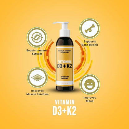 Vitamin D3 K2 Maximum Strength Topical Gel - 15000+ IU Per Pump - The Sunshine Vitamin - Supports Bone & Joint Health, Immune Support - One Month Supply