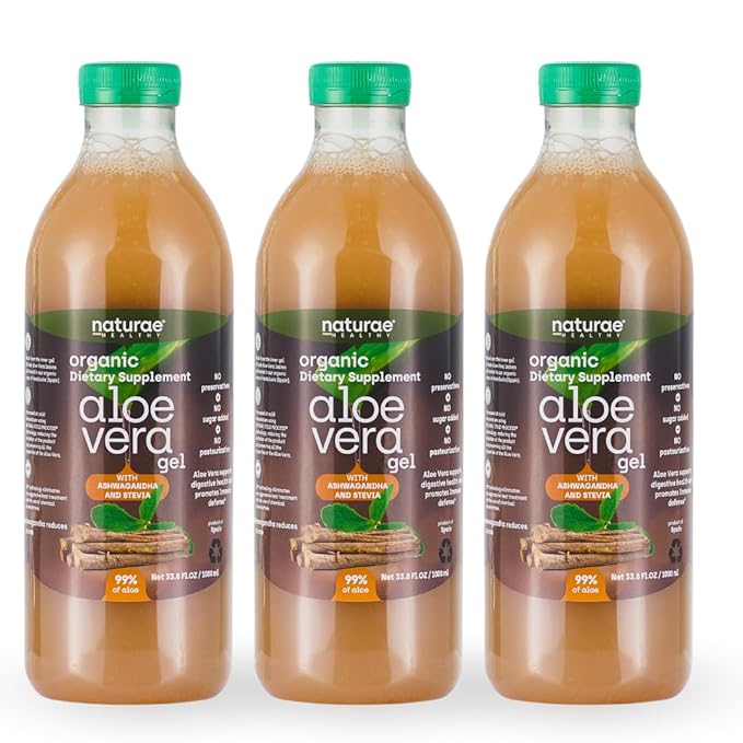Naturae Healthy Organic Aloe Vera juice with Ashwagandha & Stevia -Cold processed- Fresh Aloe Vera leaves- 33.81 Fl Oz each bottle