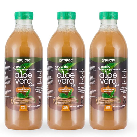 Naturae Healthy Organic Aloe Vera juice with Ashwagandha & Stevia -Cold processed- Fresh Aloe Vera leaves- 33.81 Fl Oz each bottle