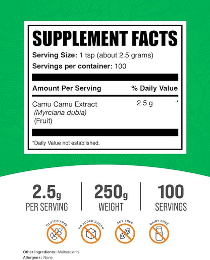 BulkSupplements.com Camu Camu Extract Powder - Superfood Supplement, Camu Camu Supplement - Vegan & Gluten Free, 2.5g per Serving, 250g (8.8 oz) (Pack of 1)