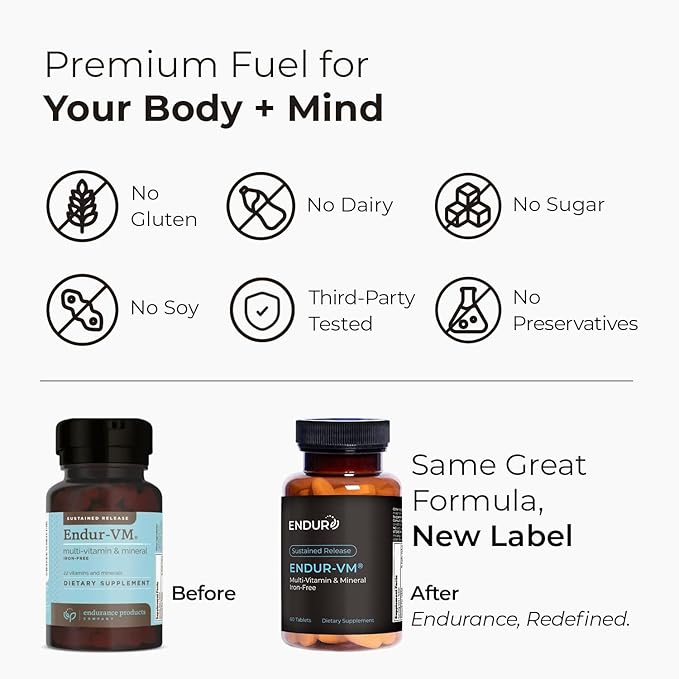 ENDUR-VM - WITHOUT IRON – Sustained-Release Daily Multi-Vitamin - Vitamin A, Vitamin C, Vitamin D, Vitamin E, Vitamin B12 - Zinc for Immune Health Support + Calcium & More - 60 Tablets
