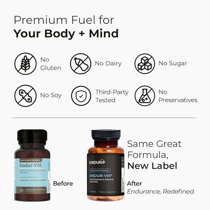 ENDUR-VM - WITHOUT IRON – Sustained-Release Daily Multi-Vitamin - Vitamin A, Vitamin C, Vitamin D, Vitamin E, Vitamin B12 - Zinc for Immune Health Support + Calcium & More - 60 Tablets