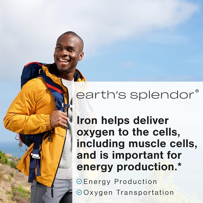 Earth's Splendor Iron 65mg USP, 325mg Ferrous Sulfate Tablets - Energy Production, Oxygen Transportation, Overall Health - 3 Month Supply