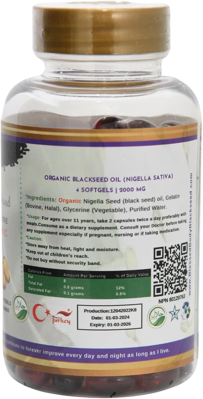 Black Seed Oil Capsules Halal Organic 120 Softgels Cold Pressed Thymoquinone - Turkish - Black Cumin Nigella Sativa Non-GMO Halal Gelatin & Glycerin 100% Pure Oil 500 mg - Blessed Kalonji Oil