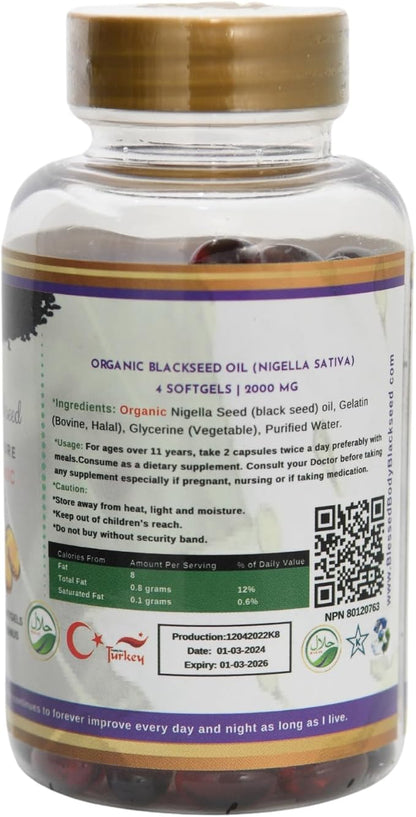 Black Seed Oil Capsules Halal Organic 120 Softgels Cold Pressed Thymoquinone - Turkish - Black Cumin Nigella Sativa Non-GMO Halal Gelatin & Glycerin 100% Pure Oil 500 mg - Blessed Kalonji Oil