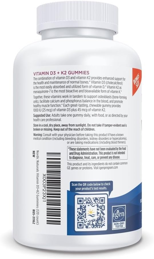 Nordic Naturals Vitamin D3 + K2 Gummies, Pomegranate - 120 Gummies - 1000 IU Vitamin D3 + 45 mcg K2- Great Taste - Bone Health, Promotes Healthy Muscle Function - Non-GMO - 120 Servings