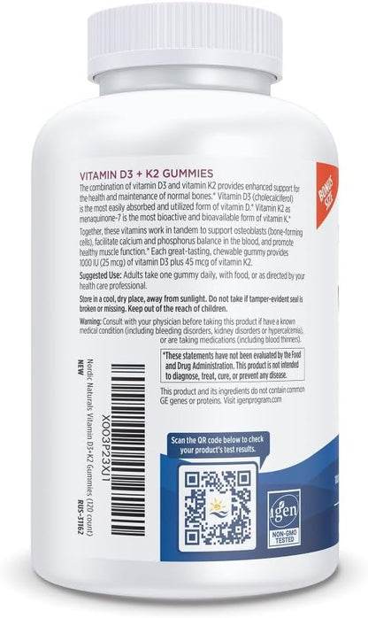 Nordic Naturals Vitamin D3 + K2 Gummies, Pomegranate - 120 Gummies - 1000 IU Vitamin D3 + 45 mcg K2- Great Taste - Bone Health, Promotes Healthy Muscle Function - Non-GMO - 120 Servings
