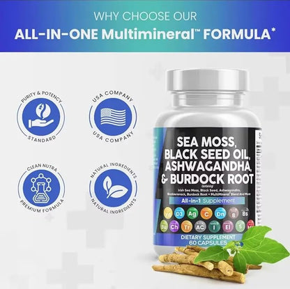 Sea Moss, Black Seed Oil, Ashwagandha, Burdock Root Supplement, 60 Capsules