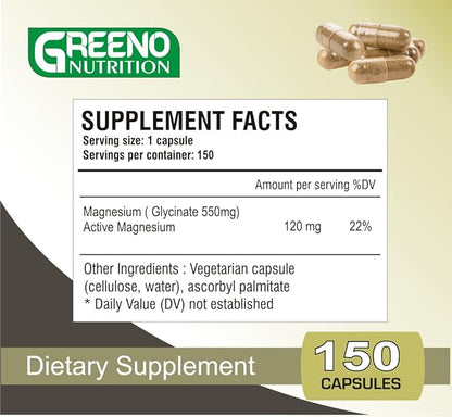 Magnesium (Glycinate) 120 MG Supplement, Supports Stress Relief, Sleep, Heart Health, Nerves, Muscles, Metabolism, 150 Capsules (5 Months Supply)