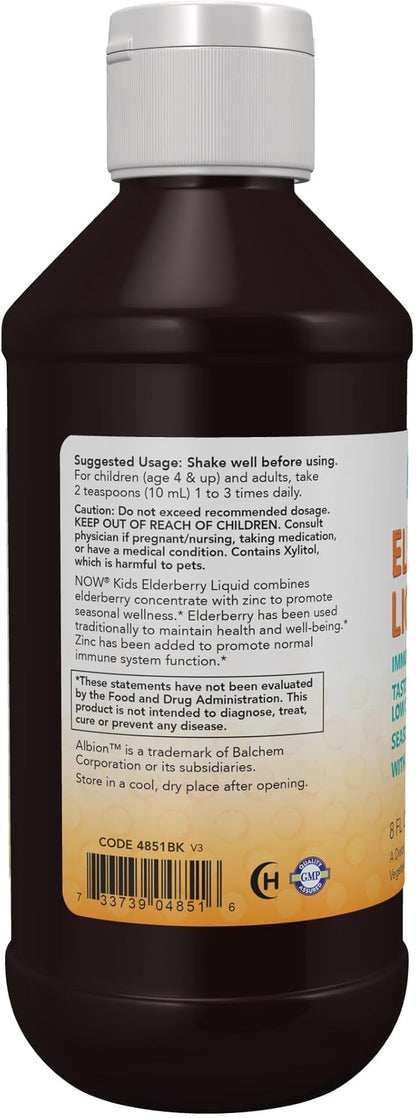 NOW Supplements, Liquid Elderberry for Kids with Zinc and Astragalus, Immune Support*, 8-Ounce, packaging may vary
