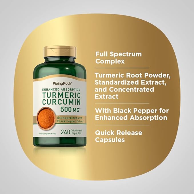 Piping Rock Turmeric Curcumin with Black Pepper 500 mg | 240 Capsules | Bioperine Supplement | Standardized Complex Extract | Non-GMO, Gluten Free
