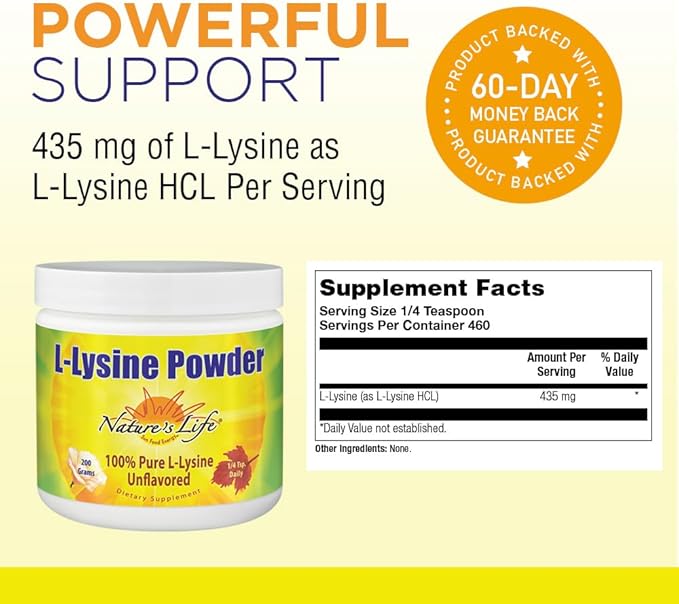 Nature's Life L-Lysine Powder | Helps Support Healthy Immune Function | 100% Pure Natural L-Lysine | Vegetarian, Unflavored, No Sugar | 460 Servings
