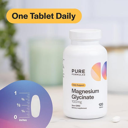 PureFormulas Magnesium Glycinate 100 mg Daily Support for Stress, Nerves, Sleep, Muscles, Metabolism Pure Magnesium Glycinate Supplement for Women and Men Magnesio Non-GMO 120 Tablets