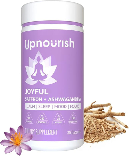 UpNourish Organic Ashwagandha Saffron Supplements with Probiotics - Stress Relief, Mood Enhancer, Calm Happy Pills Support Fatigue Focus Clarity with L-Theanine, Rhodiola, 30 Vegan Capsules