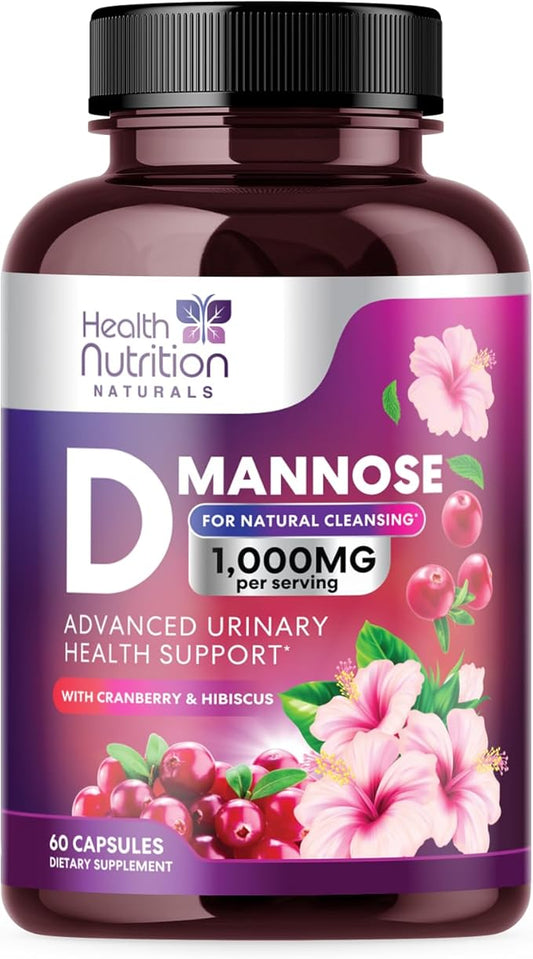D-Mannose with Cranberry, Hibiscus & Dandelion 1350mg Advanced Formula – Urinary Tract Support Supplement for Women & Men – Flush & Cleanse Impurities – Non-GMO, Vegan for Women & Men – 60 Capsules