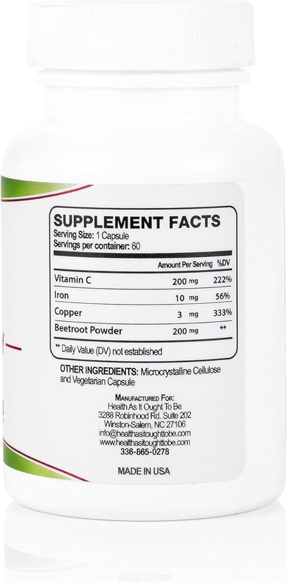Health As It Ought To Be Iron Syn3rgy Supplement | Physician Formulated Capsules with Iron, Copper, Beet Root, Vitamin C | 60 Capsules