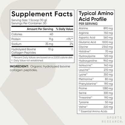 Sports Research® Organic Collagen Peptides - Hydrolyzed Type I & III Collagen Protein Powder Sustainably Sourced from Grass-Fed Bovine - Unflavored, Organic Certified & Gluten Free - 30 Servings