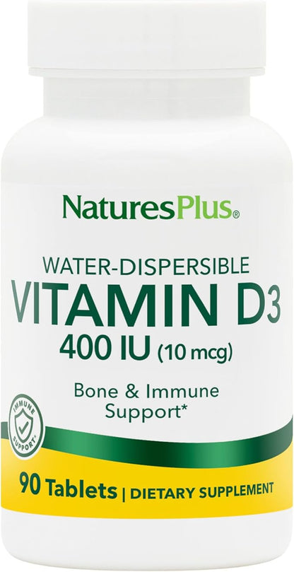 NaturesPlus Vitamin D3 (Cholecalciferol) - 400 iu, 90 Vegetarian Tablets - Bone Health, Heart Health & Immune System Support, Water Soluble for Maximum Absorption - Gluten-Free - 90 Servings