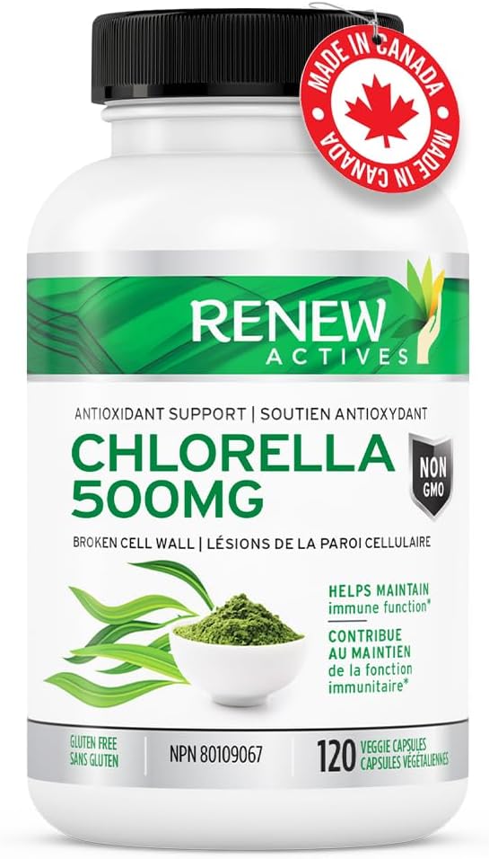 Renew Actives Chlorella Capsules 500mg - Rich in Antioxidants & Nutrients - Natural Source for Cellular Health, Vitality, & Wellness - Made in Canada - 120 Easy-to-Swallow Vegan Capsules
