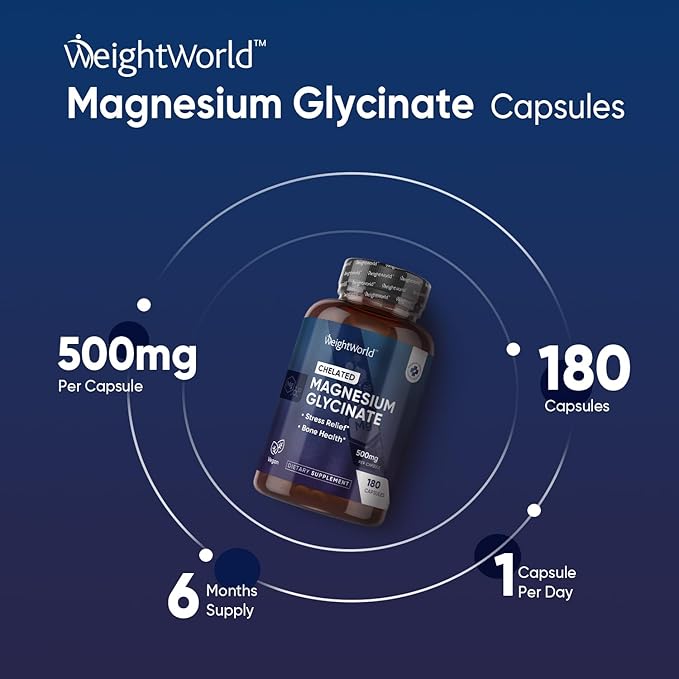 WeightWorld Chelated Magnesium Glycinate Capsules 500mg - 180 Capsules (6 Months Supply) - Magnesium Supplement High Absorption - Vegan & Gluten-Free Magnesium Pills
