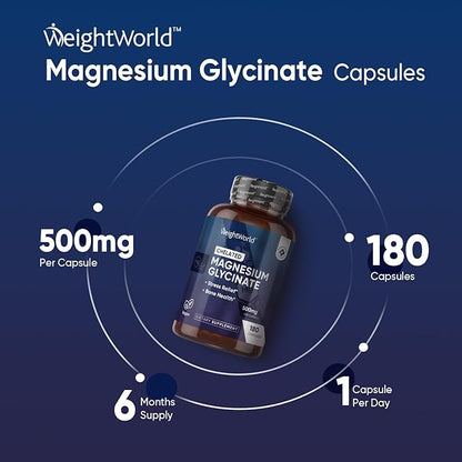 WeightWorld Chelated Magnesium Glycinate Capsules 500mg - 180 Capsules (6 Months Supply) - Magnesium Supplement High Absorption - Vegan & Gluten-Free Magnesium Pills