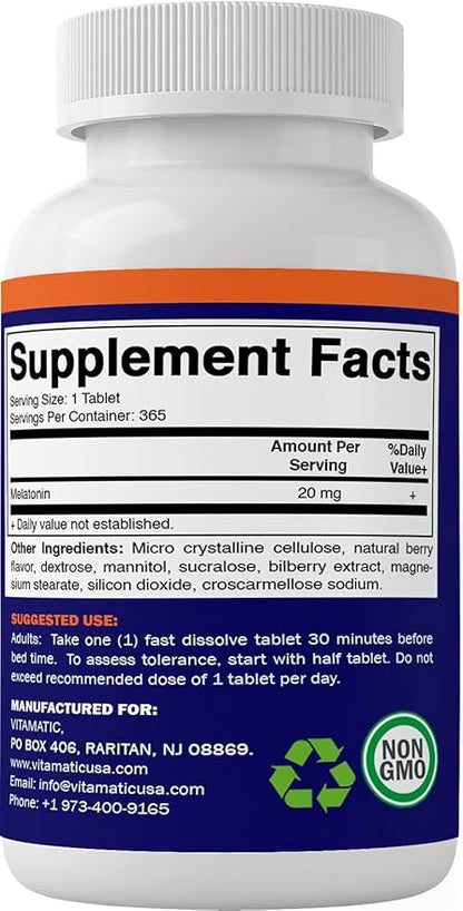 Vitamatic Melatonin 20 mg Tablets | Vegetarian, Non-GMO, Gluten Free | 1 Year Supply | Natural Berry Flavor - 365 Tablets