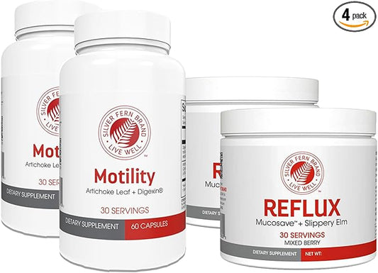 Silver Fern Brand Slow Motility+Kit – Digestive Support Bundle – 30-Day Supply – 2 Motility, 2 Berry Flavor Powder Reflux – Capsules, Powder – Artichoke Leaf, Okra, Ashwagandha, MucoSave – Made in USA