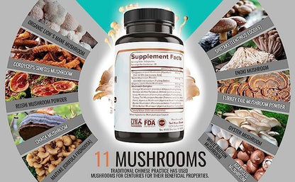 EARTH'S BIO Mushroom Supplement Complex 2,600 mg per Serving, 90 Caps, with Organic Lion's Mane Mushroom, Turkey Tail, Enoki Agaricus, White Button & Oyster Mushroom - Memory & Immune Support