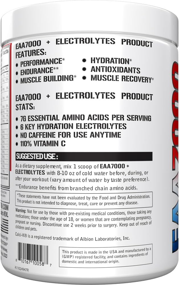Evlution Nutrition EAA7000 + Electrolytes - Pre & Post Workout Powder - Muscle Building + Recovery Supplement - 7g EAAs + 5g BCAAs + 6 Key Electrolytes - Rapid Hydration - 30 Servings - Rocket Pop