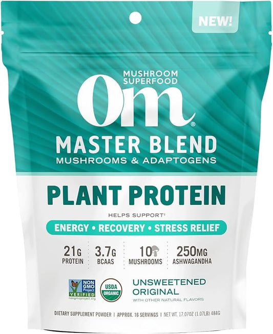 OM MUSHROOM SUPERFOOD Master Blend Mushroom Plant-Based Protein, 16 Servings Unsweetened Original, Unsweetened Plant-Based Protein with 10 Mushrooms & Adaptogens