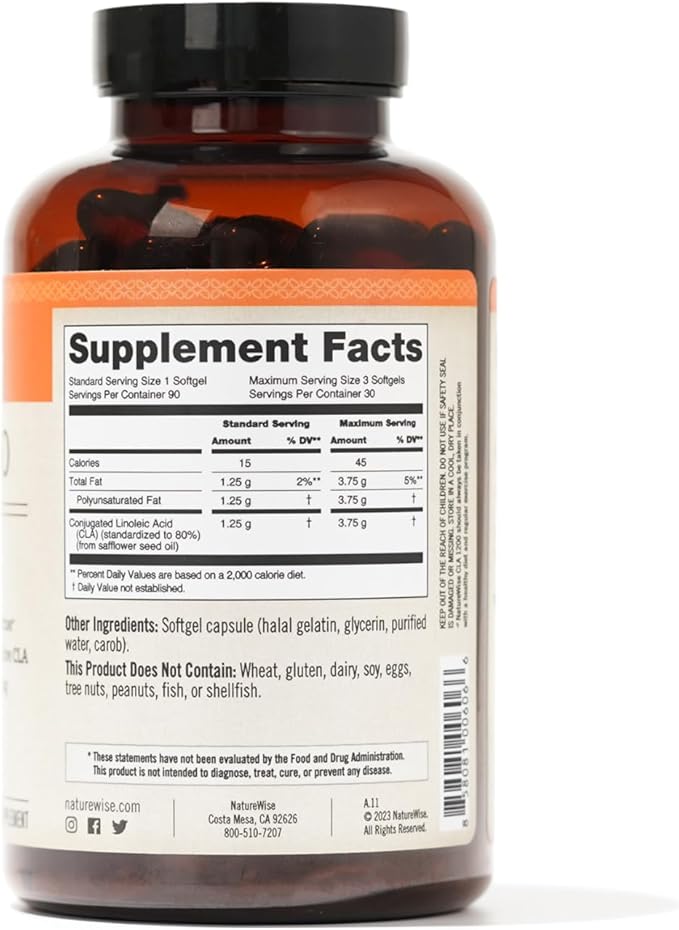NatureWise CLA 1250 - Conjugated Linoleic Acid Supplement for Women and Men, Not Stimulating, Supports Healthy Weight, Fitness Goals - Non-GMO, Gluten Free - 90 Softgels[1-Month Supply]
